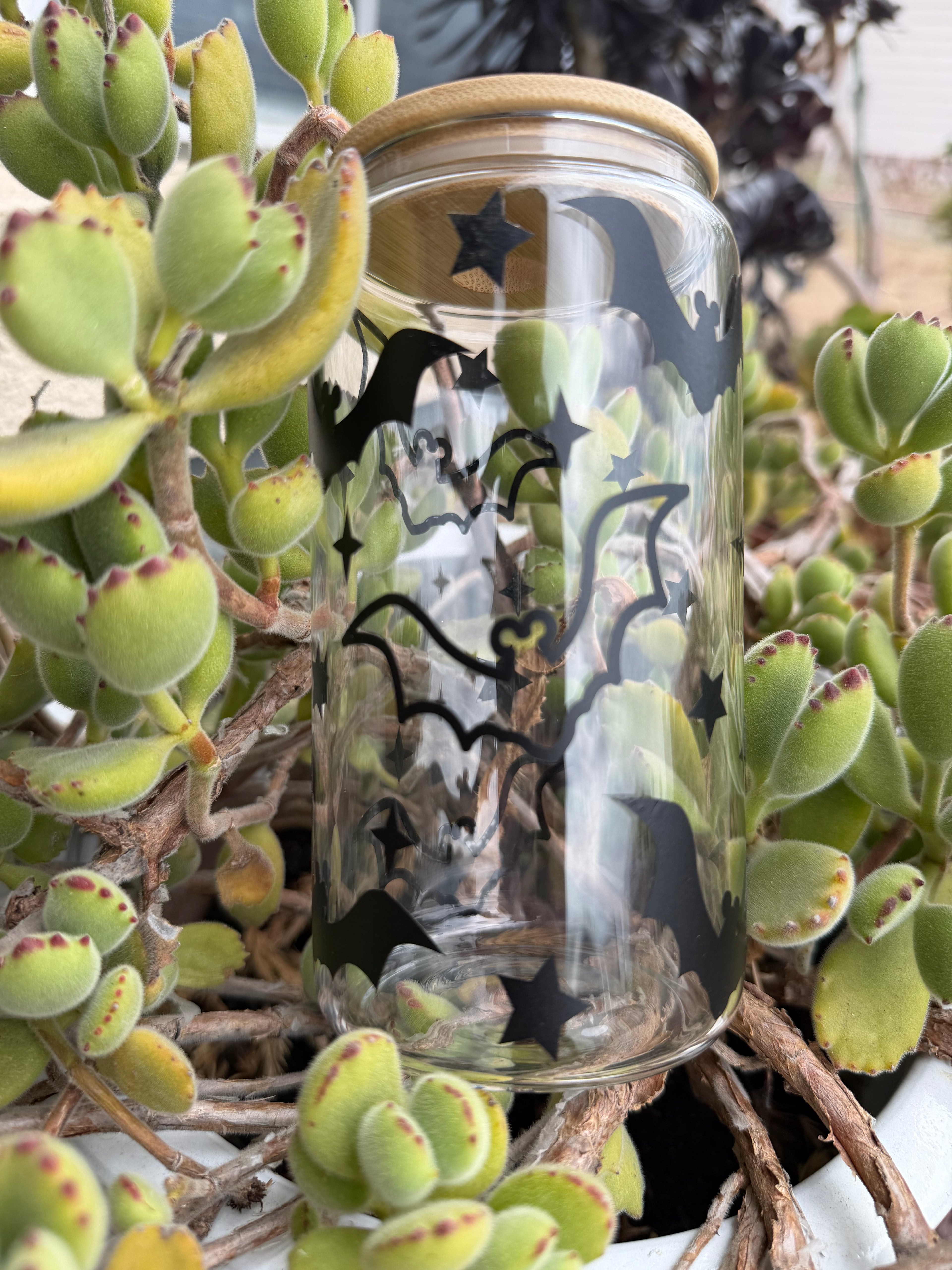 Spooky Bat Glass Tumbler with Bamboo Lid & Glass Straw