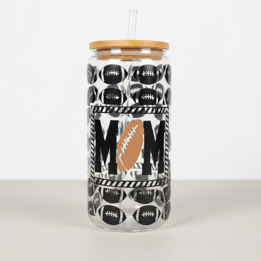 Football Mom Football Pattern Glass Tumbler
