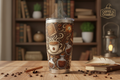 Coffee wizard tumbler with coffee beans wands spell books and espresso potions in brown gold and cream