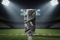 Grey and black football themed tumbler with helmet and goal post graphics on turf surface
