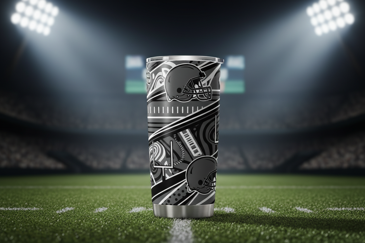 Grey and black football themed tumbler with helmet and goal post graphics on turf surface