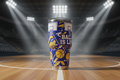 Blue and yellow basketball themed tumbler with hoop and court graphics on hardwood surface