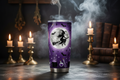 Halloween witch tumbler with witch silhouette flying across full moon in purple black and silver