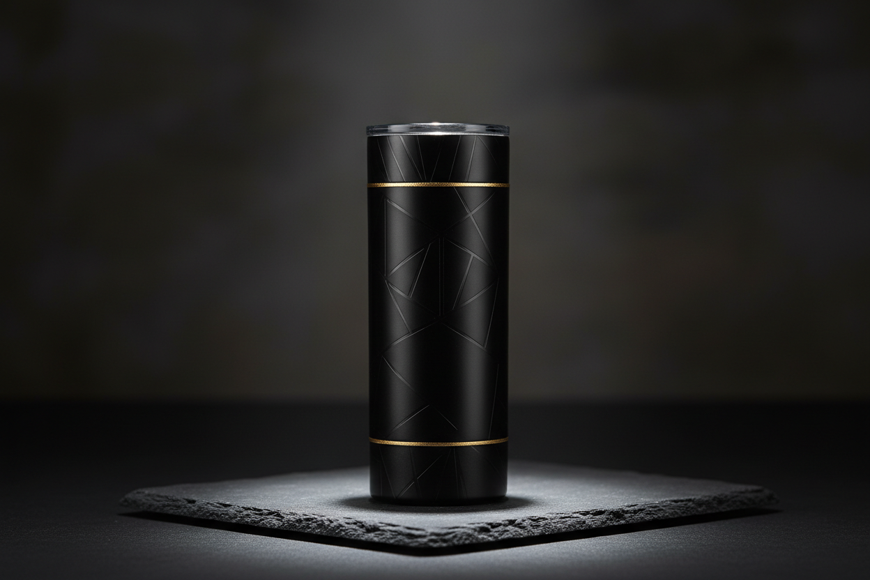 Sleek matte black minimalist tumbler with gold accent lines on dark slate surface