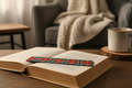 Plaid bookmark with classic red green navy and cream tartan pattern on open book with cozy knit blanket and coffee mug