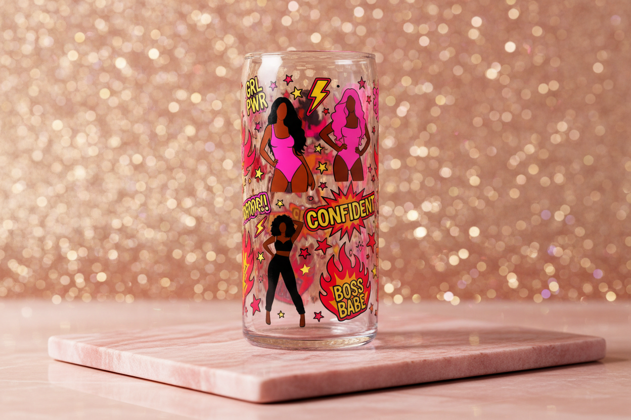 Hot girls glass tumbler with bold empowerment artwork in hot pink red and gold on pink marble surface