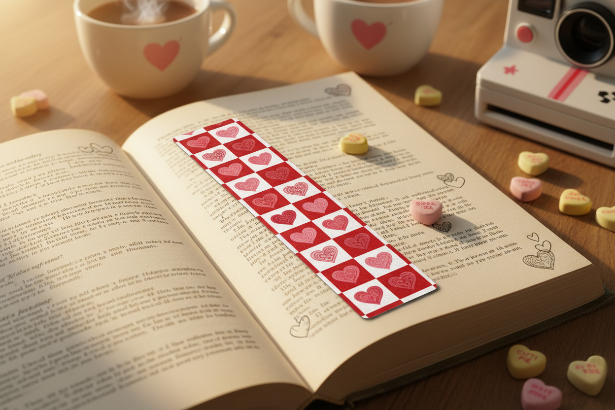 Heart checkers bookmark with classic checkerboard pattern filled with hearts in red pink and white on open book
