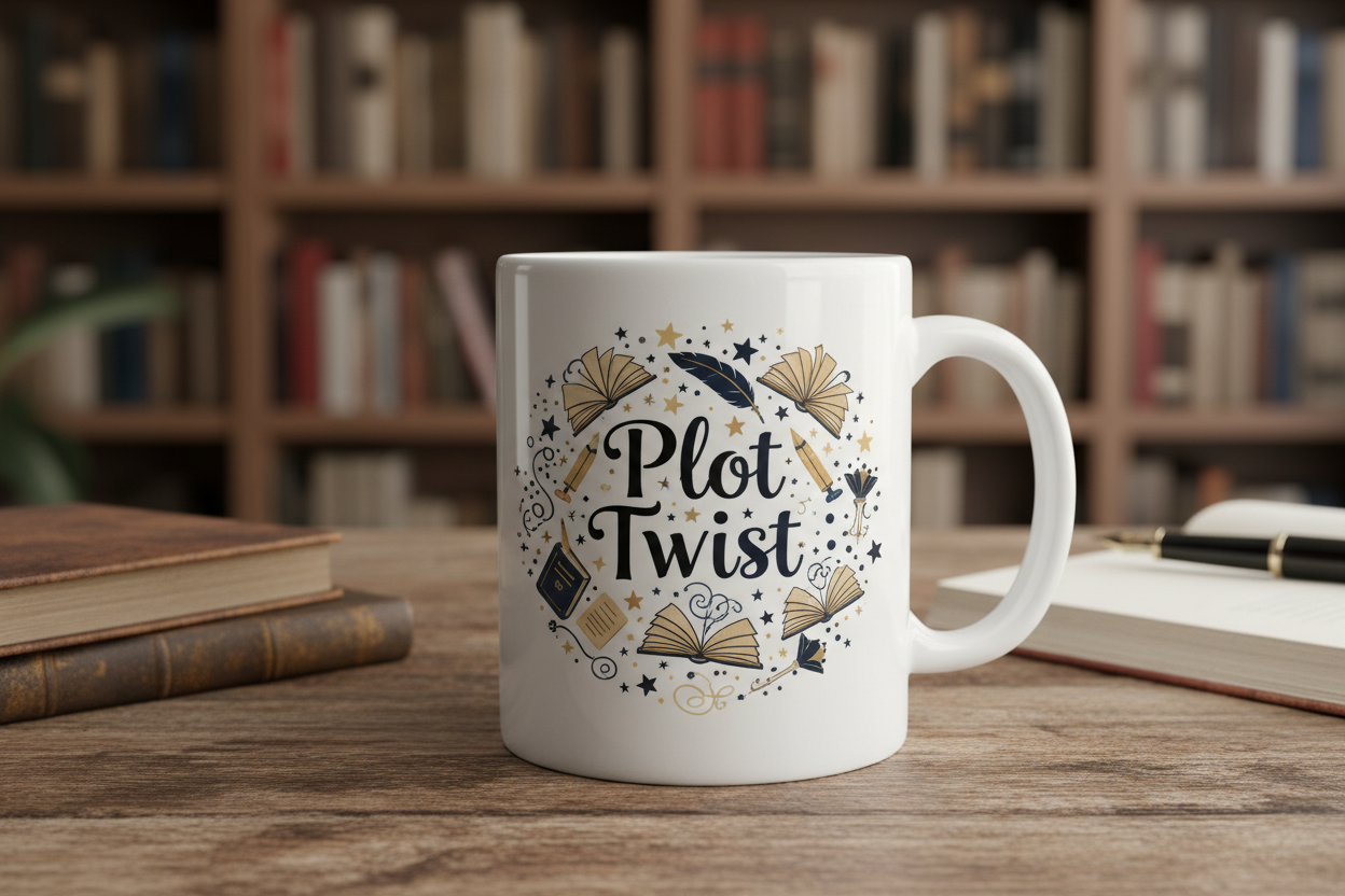 White Plot Twist ceramic mug with literary artwork featuring books quill pens and stars in black gold and navy
