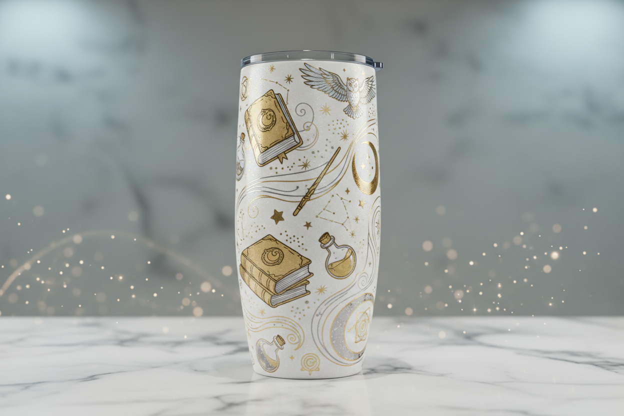 White wizard tumbler with gold and silver mystical artwork on white marble surface