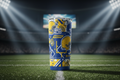 Yellow and blue football themed tumbler with helmet and goal post graphics on turf surface