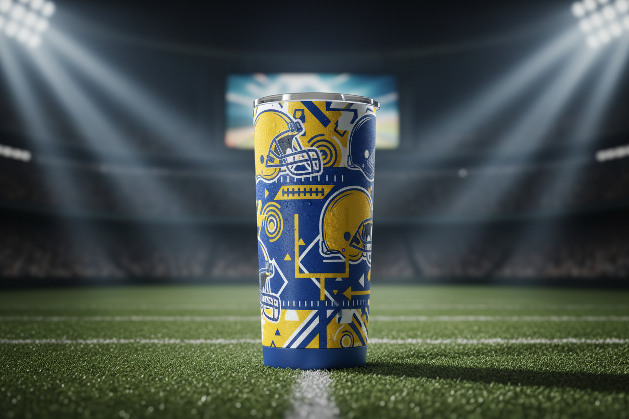 Yellow and blue football themed tumbler with helmet and goal post graphics on turf surface