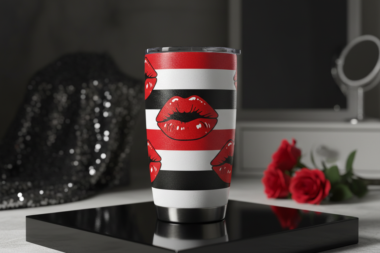Bold lips and stripes tumbler in red white and black with glamorous retro aesthetic