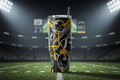 Black and yellow football themed tumbler with helmet and goal post graphics on turf surface