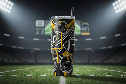 Black and yellow football themed tumbler with helmet and goal post graphics on turf surface