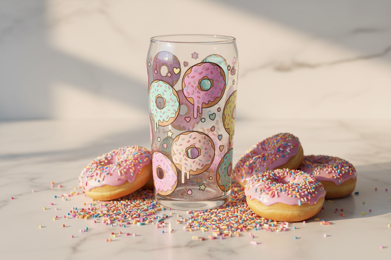 Donut glass tumbler with colorful donuts sprinkles and frosting drips in pastel pink lavender and mint