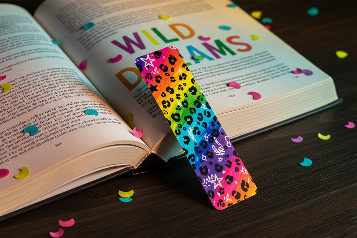 Rainbow cheetah bookmark with colorful cheetah print pattern in pink purple blue yellow orange and green on open book