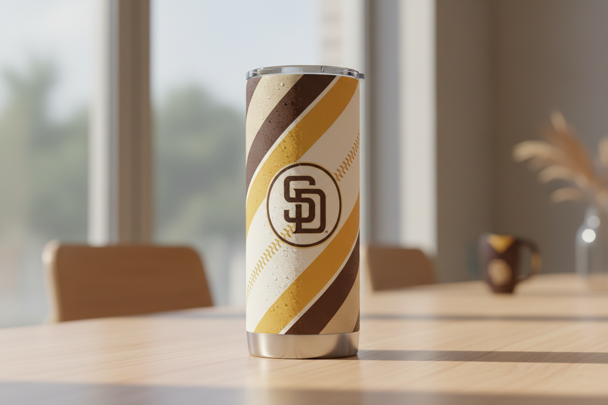 Striped Padres-inspired tumbler in brown and gold on a clean surface